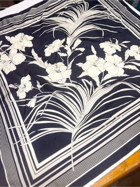 Leonard Paris vintage silk floral scarf navy blue white floral